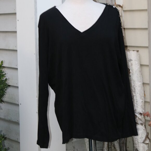 Ralph Lauren Plus Size Black V-Neck Button Shoulder Long Sleeve Cotton Tee Sz 3X - Picture 1 of 6